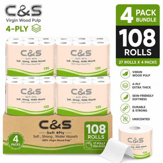 C&S Virgin Wood Pulp Toilet Tissue 4 Ply | 108 Rolls (4 x 27 Rolls) | Soft, Strong & Extra Thick