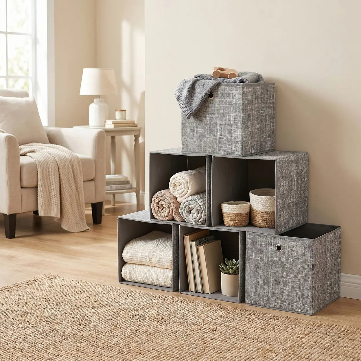 Foldable Storage Boxes, Set of 6 Fabric Boxes, 30 x 30 x 30 cm, Fit Cube Storage Unit, for Shelves, Clothes Storage, Grey