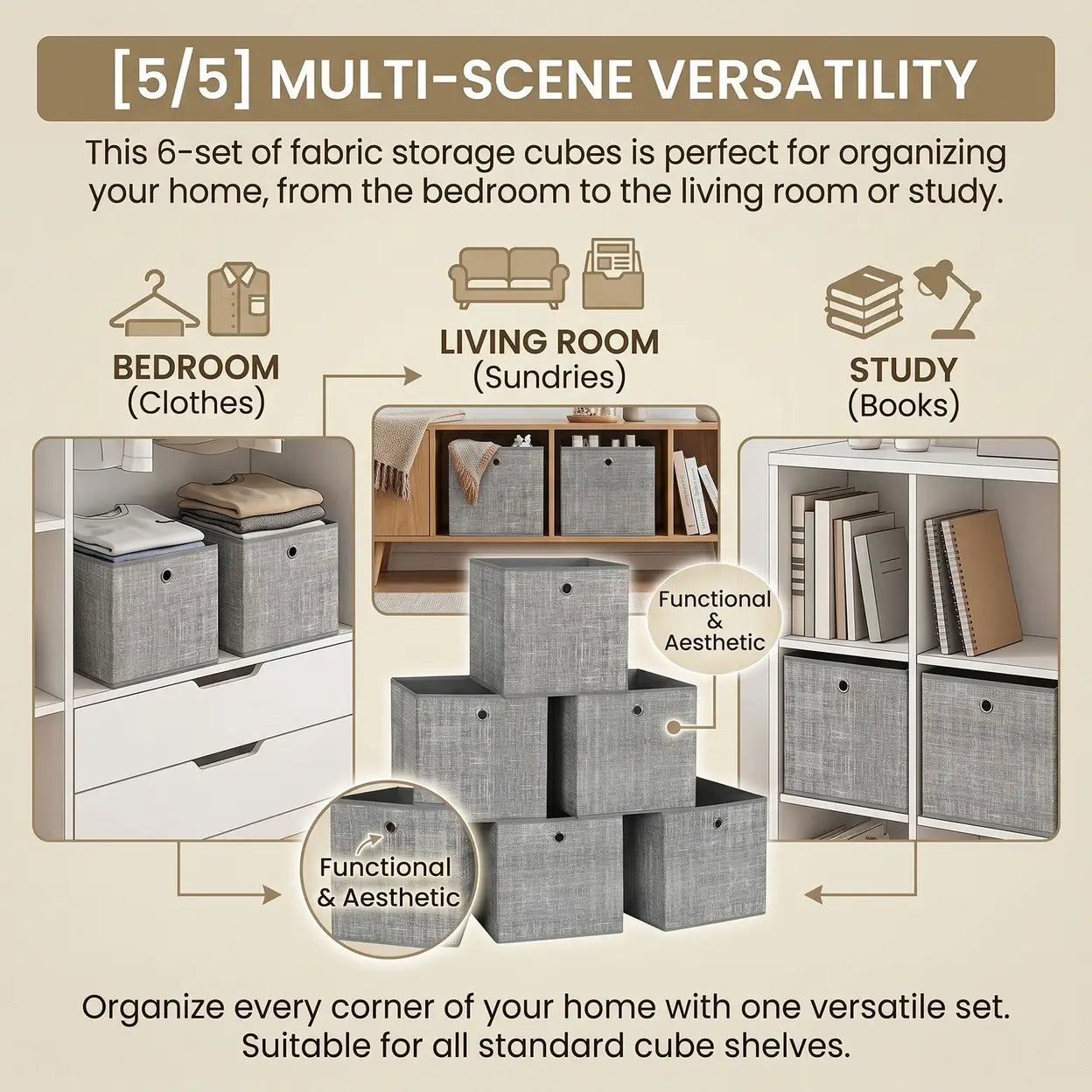 Foldable Storage Boxes, Set of 6 Fabric Boxes, 30 x 30 x 30 cm, Fit Cube Storage Unit, for Shelves, Clothes Storage, Grey