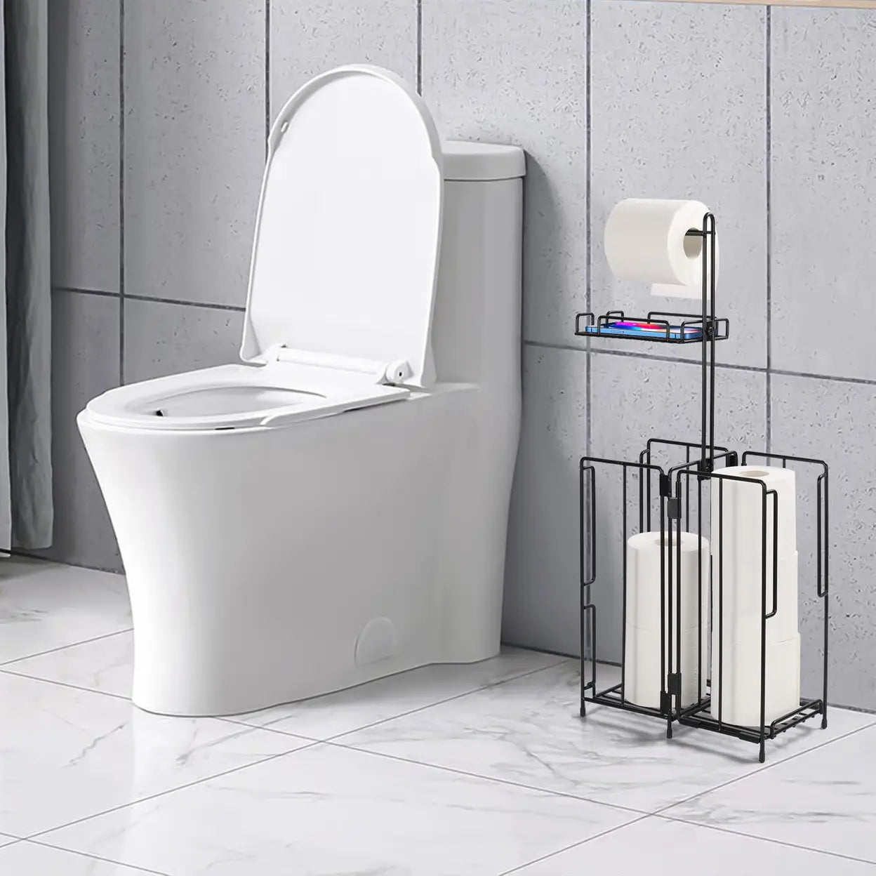 Freestanding Double-Sided Toilet Roll Holder Storage Stand with Shelf – Black Metal Bathroom Organiser