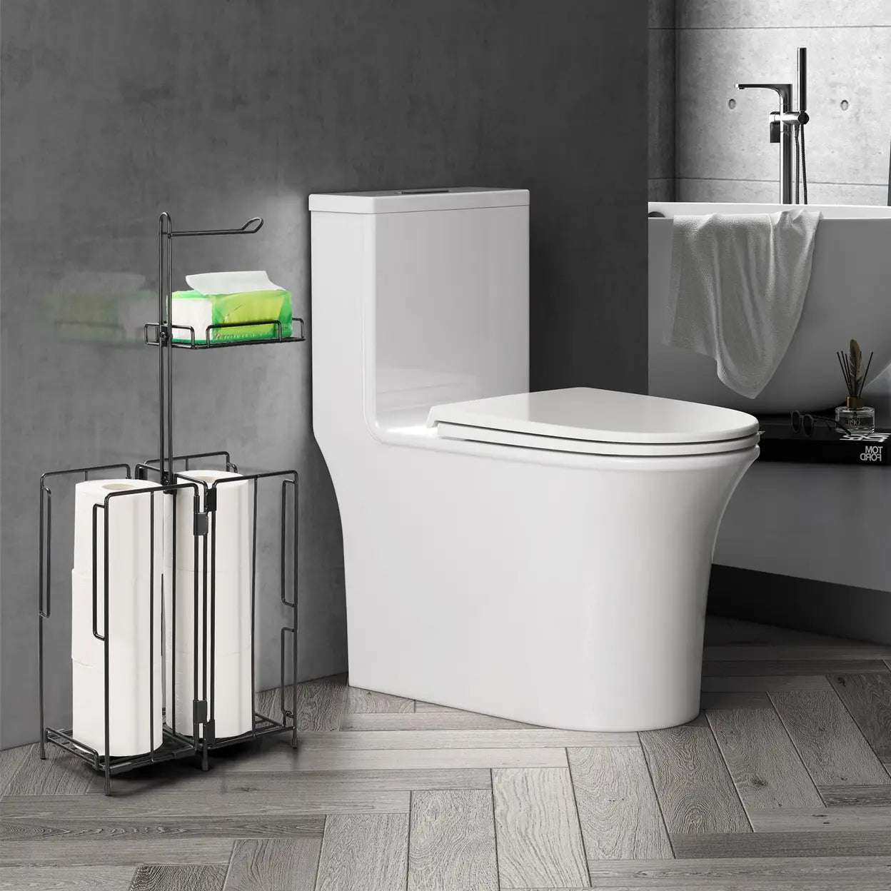 Freestanding Double-Sided Toilet Roll Holder Storage Stand with Shelf – Black Metal Bathroom Organiser