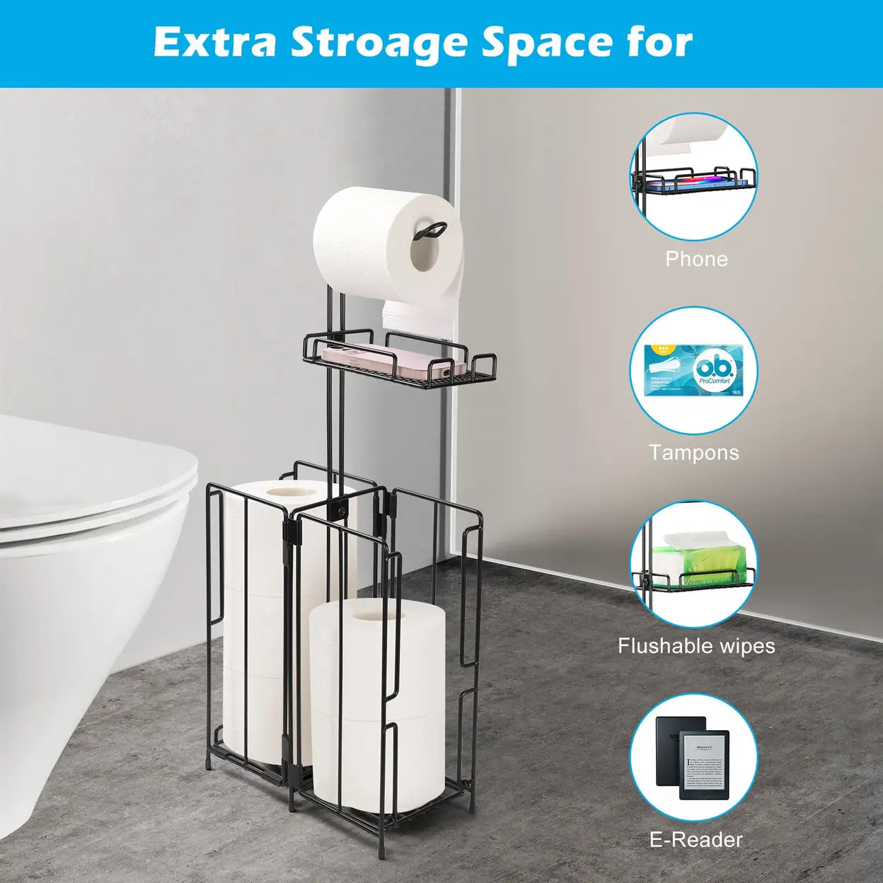 Freestanding Double-Sided Toilet Roll Holder Storage Stand with Shelf – Black Metal Bathroom Organiser