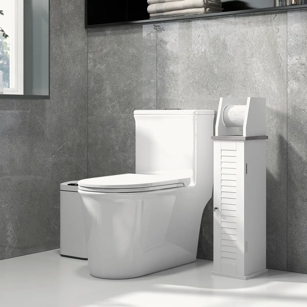 Slim Bathroom Floor Cabinet with Toilet Roll Holder & Adjustable Shelf White Storage Unit