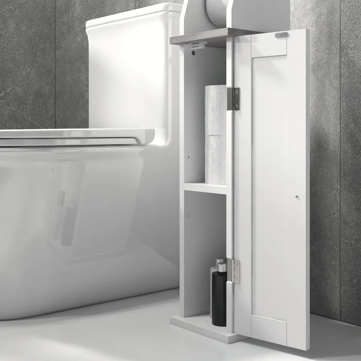 Slim Bathroom Floor Cabinet with Toilet Roll Holder & Adjustable Shelf White Storage Unit