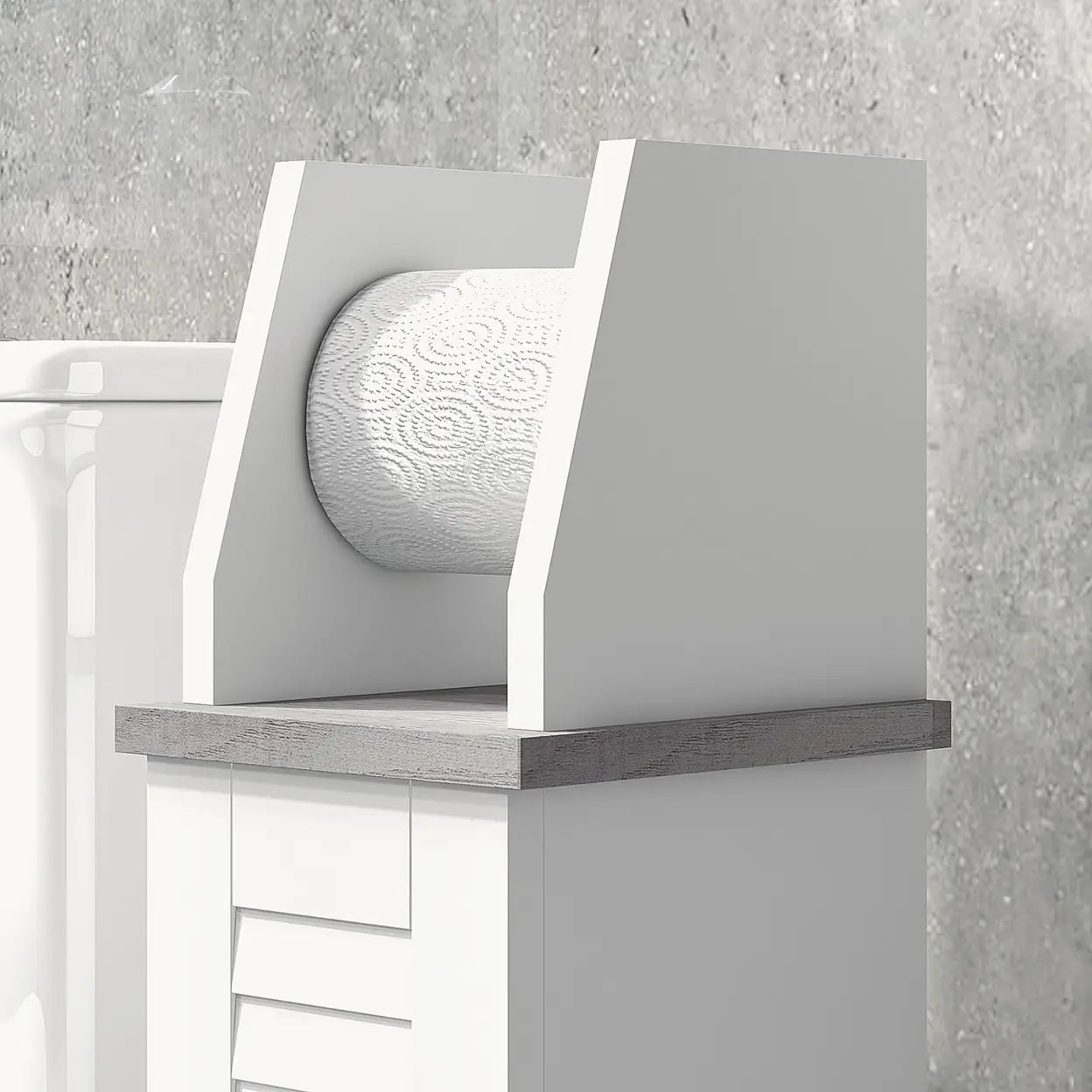 Slim Bathroom Floor Cabinet with Toilet Roll Holder & Adjustable Shelf White Storage Unit
