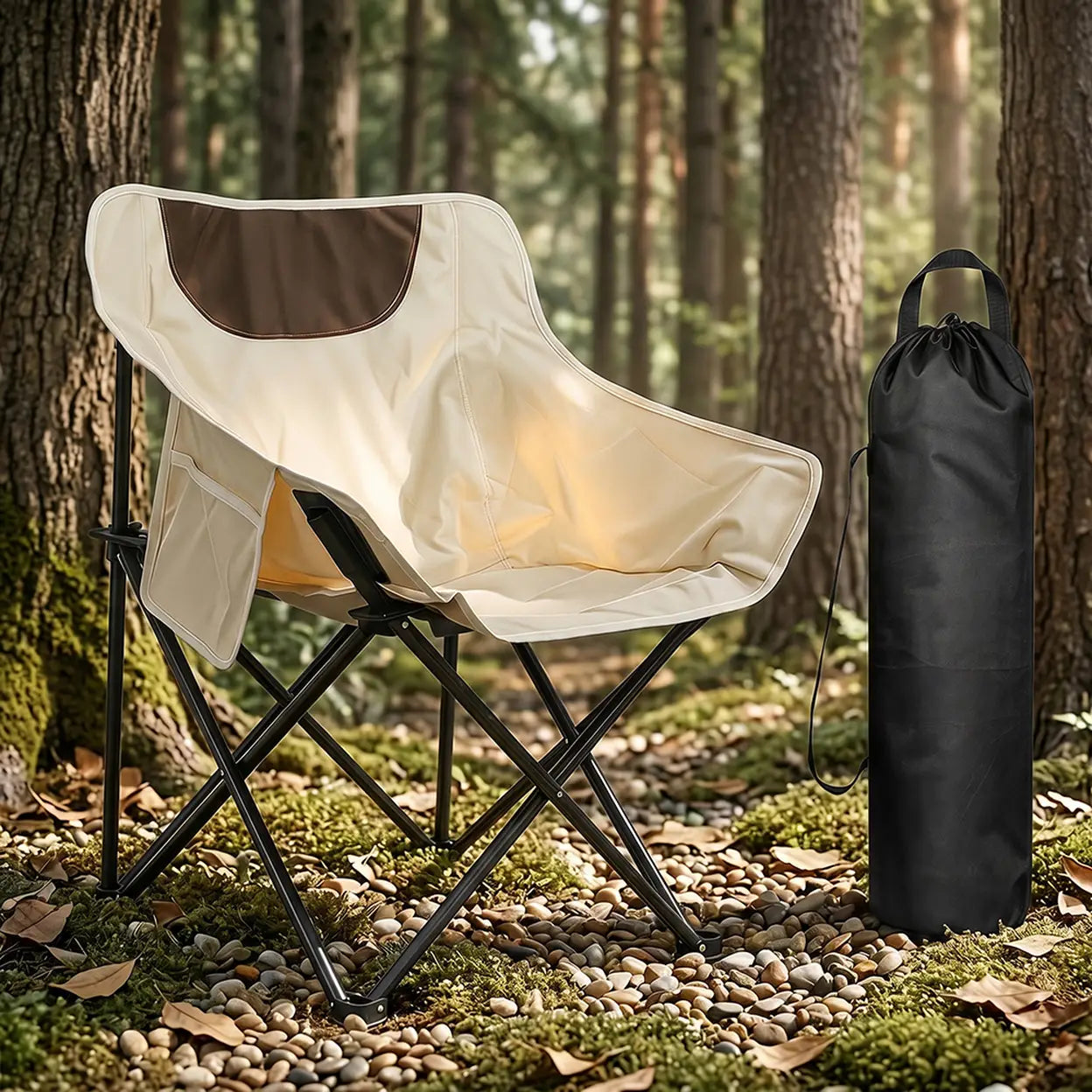 A folding camp chair with a cream and brown fabric seat, shown outdoors in a forest beside a black drawstring storage bag.