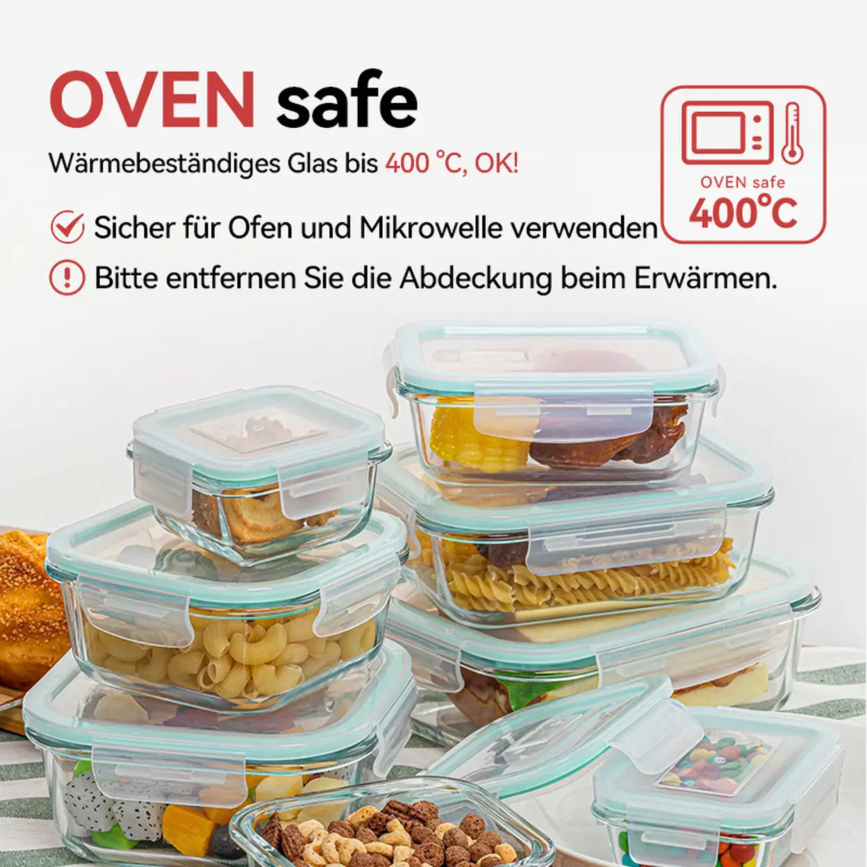 JORDAN&JUDY 8pc High Borosilicate Glass Food Storage Containers with Airtight Lids, Leakproof Meal Prep Set (150ml-1040ml)