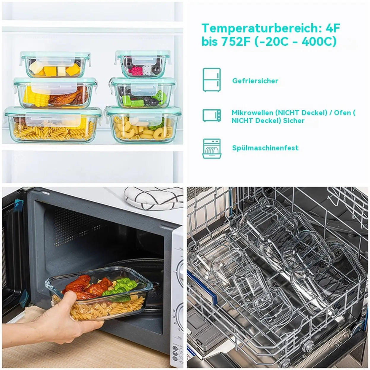 JORDAN&JUDY 8pc High Borosilicate Glass Food Storage Containers with Airtight Lids, Leakproof Meal Prep Set (150ml-1040ml)