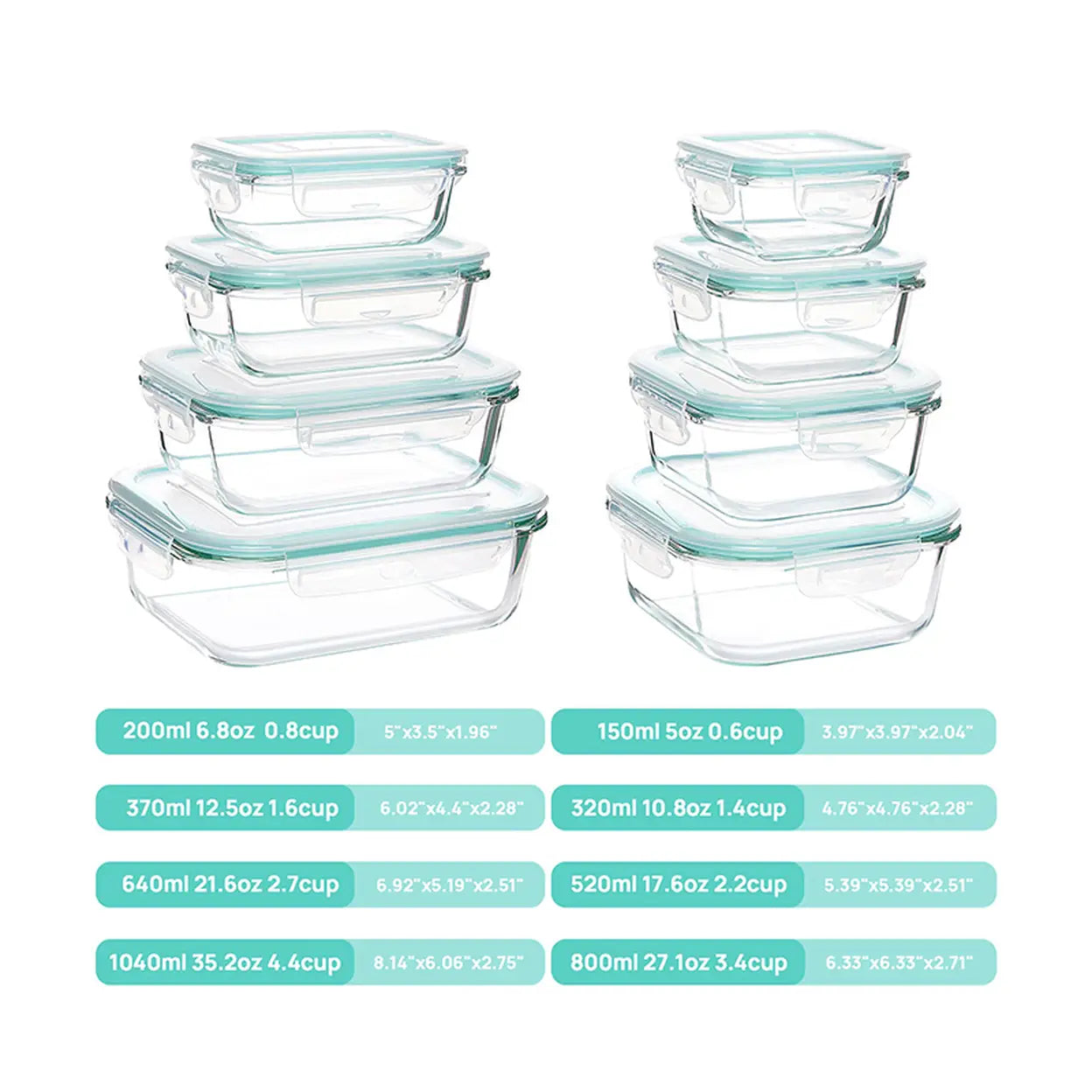 JORDAN&JUDY 8pc High Borosilicate Glass Food Storage Containers with Airtight Lids, Leakproof Meal Prep Set (150ml-1040ml)