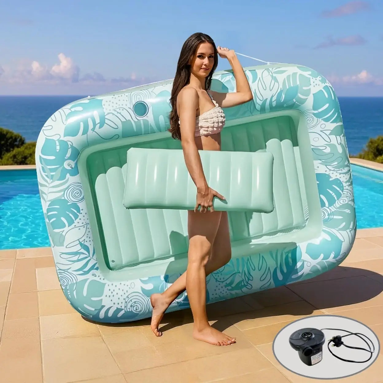 Inflatable Solar Pool Lounger with Automatic Electric Pump – Portable Floating Pool Bed, Built-In Pillow, Summer Water Lounge, Green & Pink
