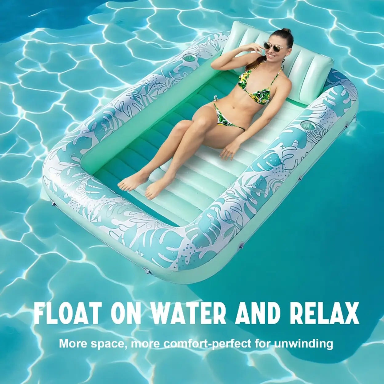 Inflatable Solar Pool Lounger with Automatic Electric Pump – Portable Floating Pool Bed, Built-In Pillow, Summer Water Lounge, Green & Pink