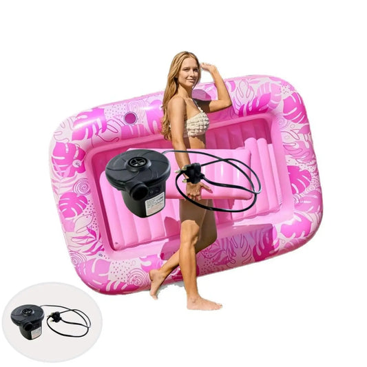 Inflatable Solar Pool Lounger with Automatic Electric Pump – Portable Floating Pool Bed, Built-In Pillow, Summer Water Lounge, Green & Pink