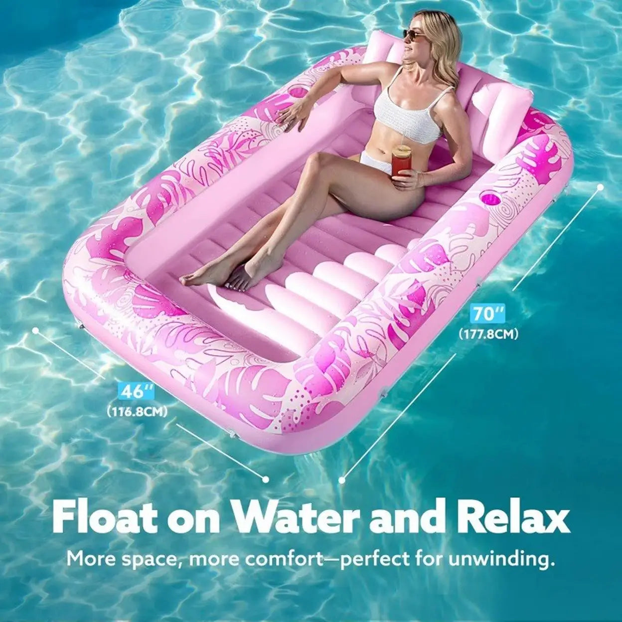 Inflatable Solar Pool Lounger with Automatic Electric Pump – Portable Floating Pool Bed, Built-In Pillow, Summer Water Lounge, Green & Pink