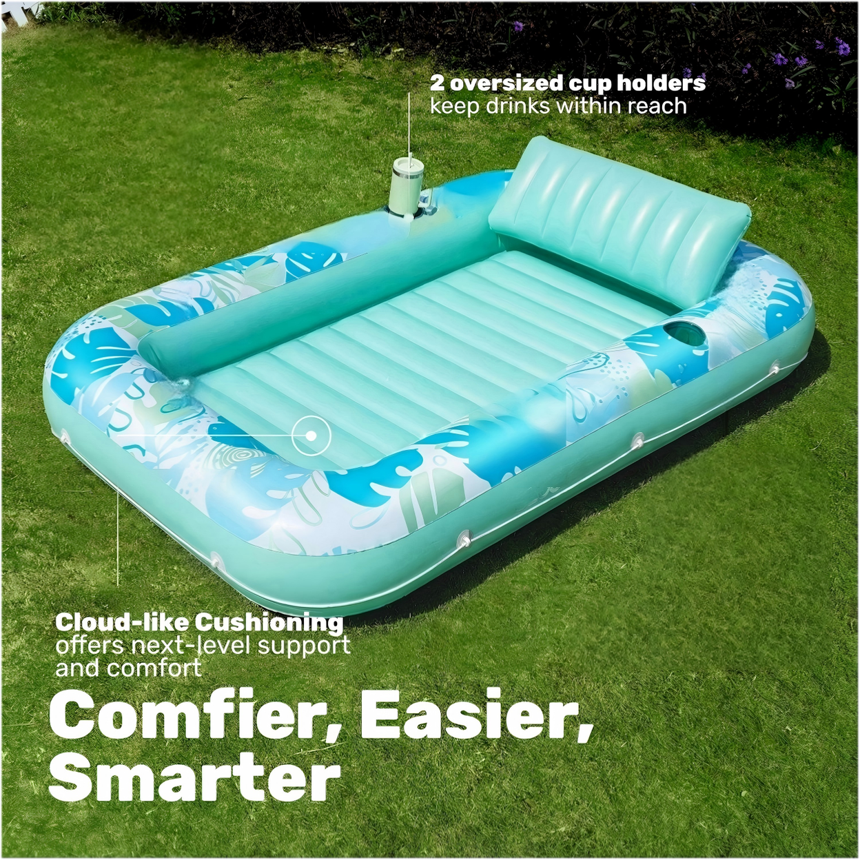 Inflatable Solar Pool Lounger with Automatic Electric Pump – Portable Floating Pool Bed, Built-In Pillow, Summer Water Lounge, Green & Pink