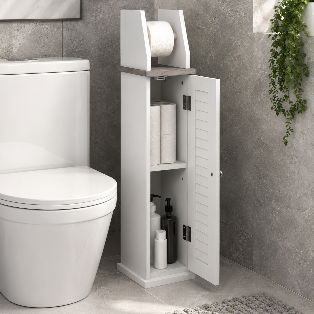 Slim Bathroom Floor Cabinet with Toilet Roll Holder & Adjustable Shelf White Storage Unit