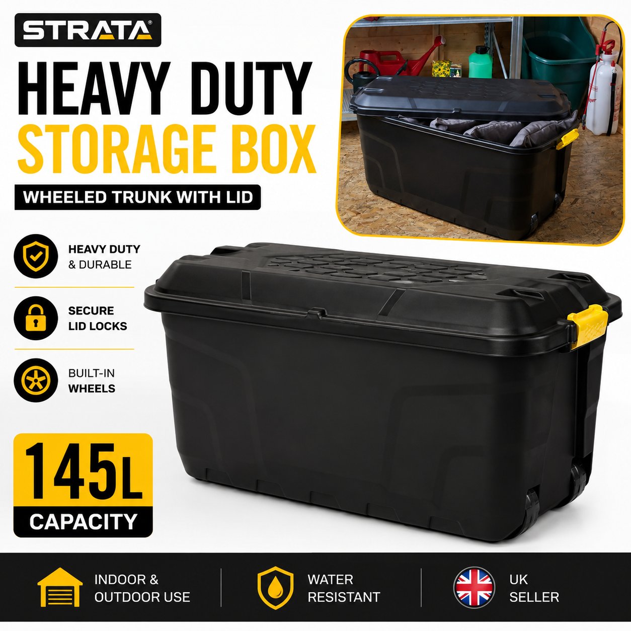 Strata Heavy Duty Storage Box with Lid & Wheels 145L Black | Large Storage Trunk
