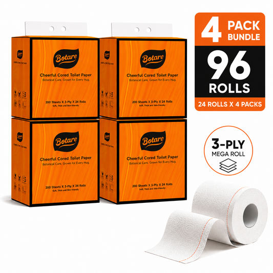 Botare 3-Ply Mega Roll Toilet Paper 96 Rolls (4 x 24 Rolls) | 200 Sheets Per Roll | Soft & Strong