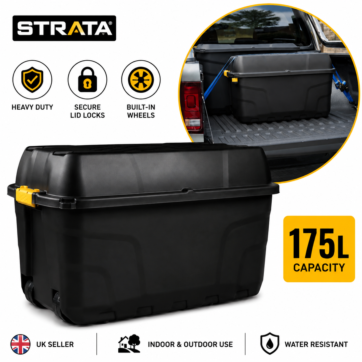 Strata Heavy Duty Storage Box with Lid & Wheels 175L Black | Large Outdoor Storage Trunk