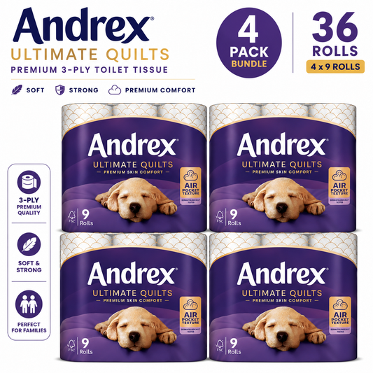 Andrex Ultimate Quilts Premium Toilet Tissue 3 Ply | 36 Rolls (4 x 9 Rolls) | Soft & Strong