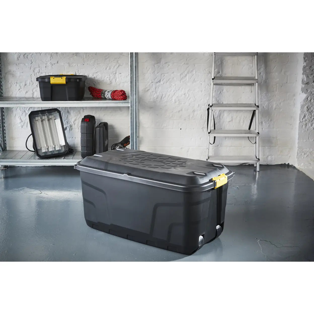 Strata Heavy Duty Storage Box with Lid & Wheels 145L Black | Large Storage Trunk