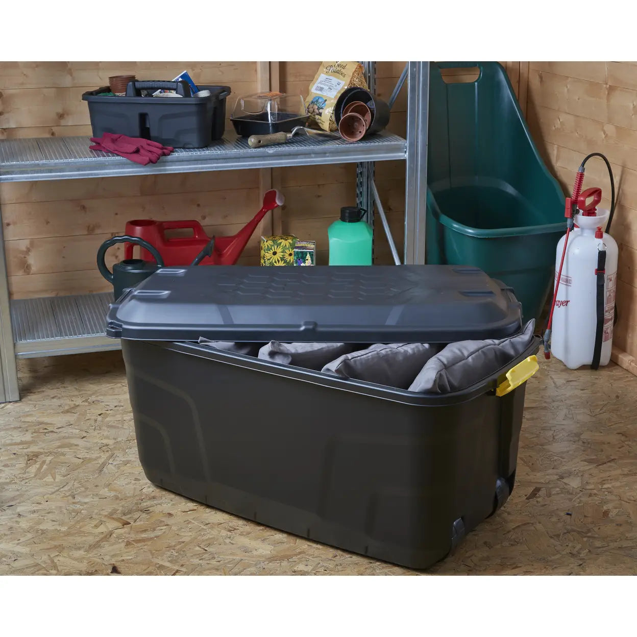 Strata Heavy Duty Storage Box with Lid & Wheels 145L Black | Large Storage Trunk