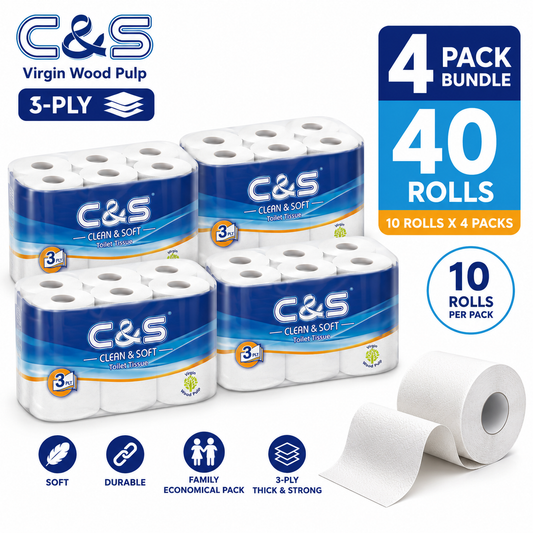 C&S Virgin Wood Pulp Toilet Tissue 3 Ply | 40 Rolls (4 x 10 Rolls) | Soft & Durable Family Pack