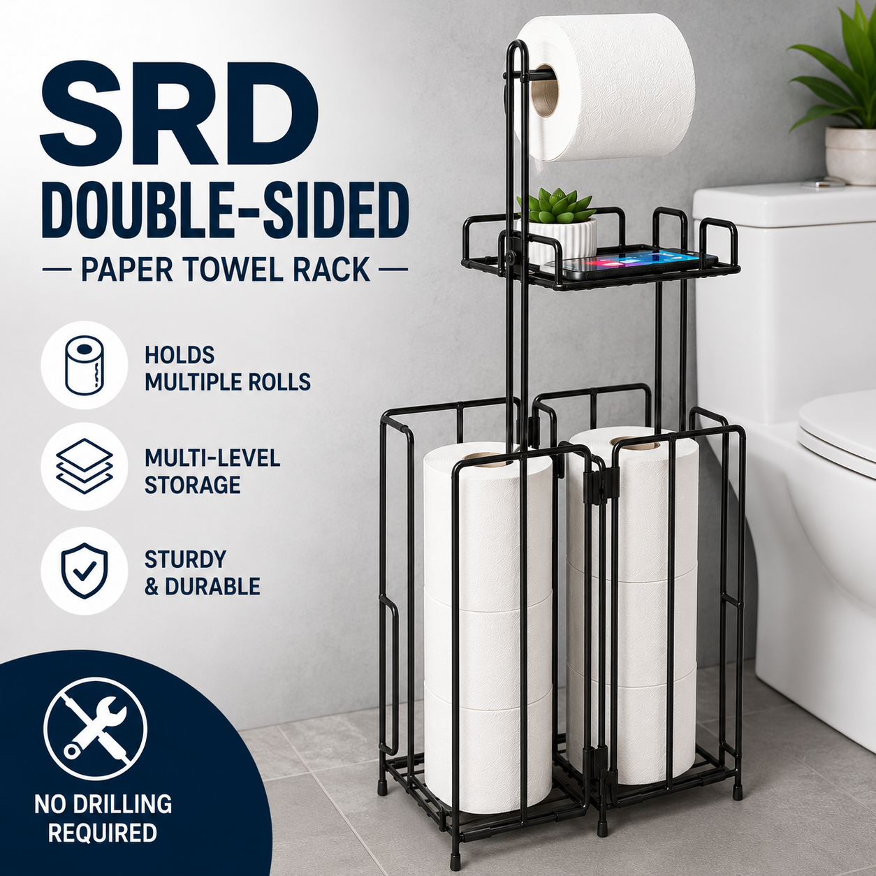 Freestanding Double-Sided Toilet Roll Holder Storage Stand with Shelf – Black Metal Bathroom Organiser