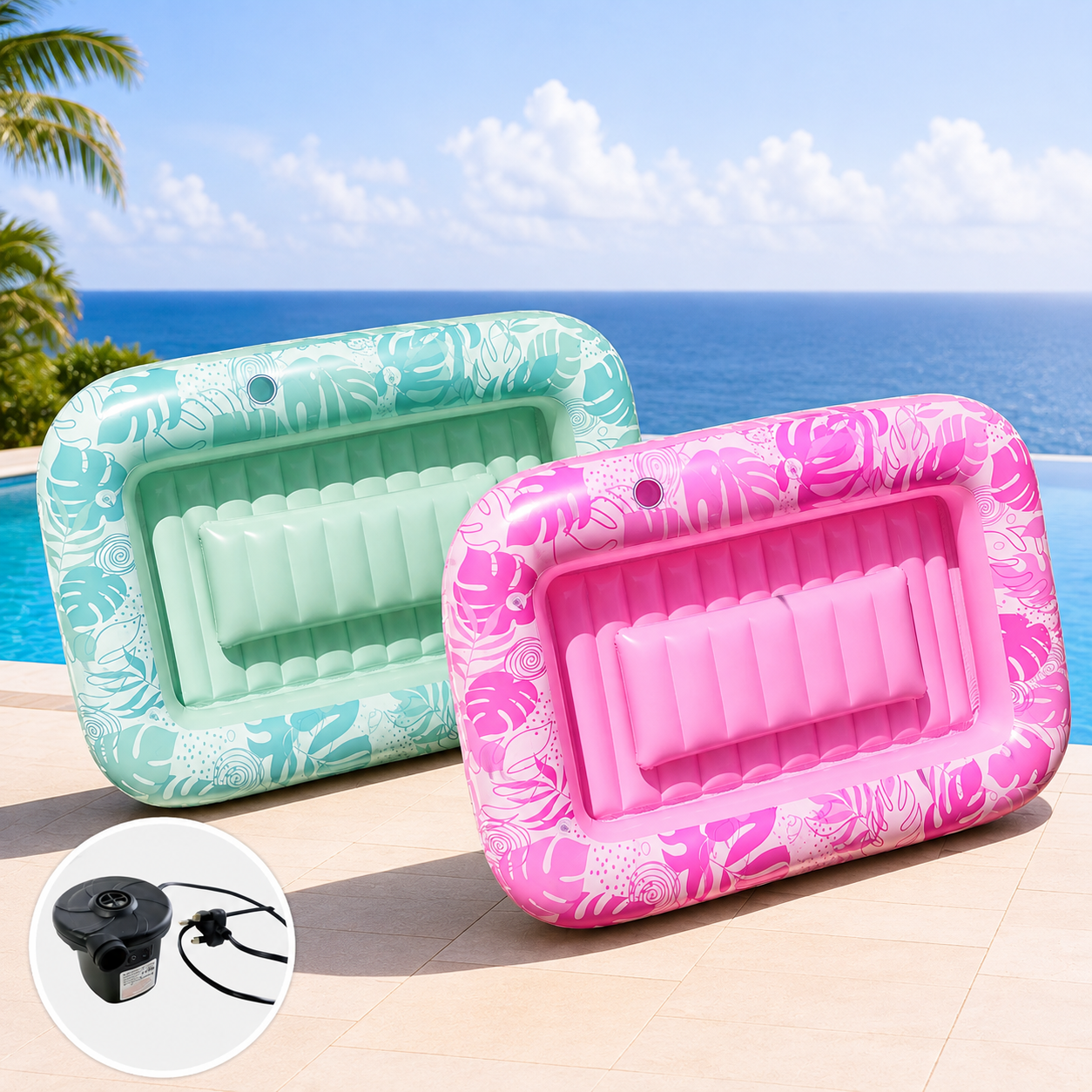 Inflatable Solar Pool Lounger with Automatic Electric Pump – Portable Floating Pool Bed, Built-In Pillow, Summer Water Lounge, Green & Pink